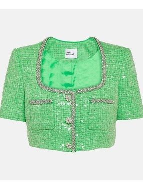 Self-Portrait Green Tweed Cropped Jacket with Embellished Trim Size 8 Like New